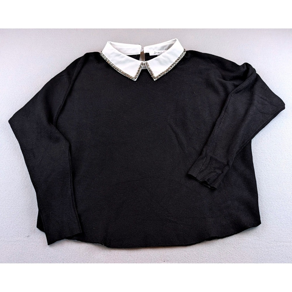Siani Milano Womens Black Knit Top White Beaded Peter Pan‎ Collar Size L